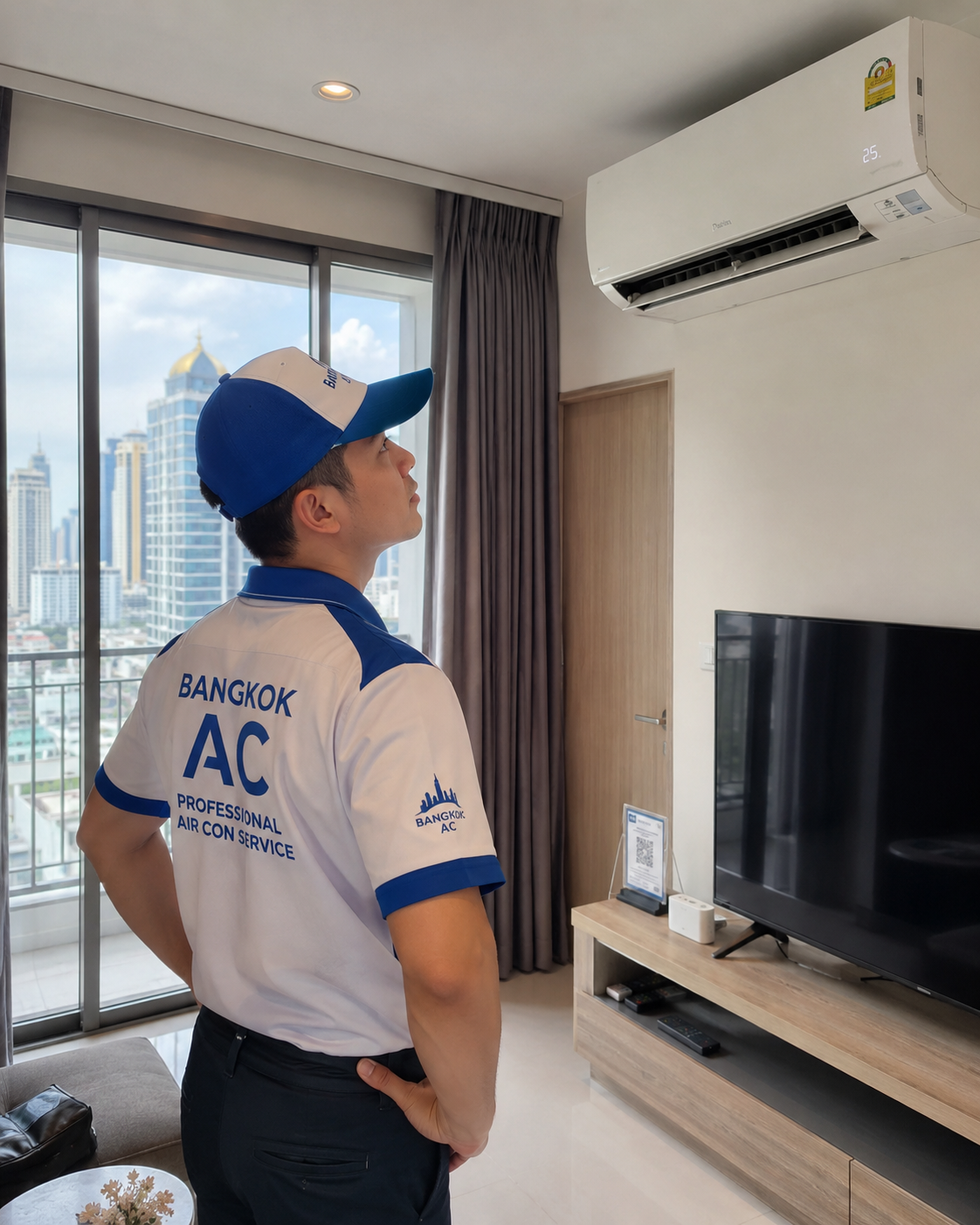 Bangkok AC technician cleaning a wall-mounted air conditioner in a modern condo